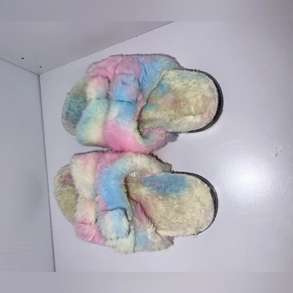 Faux fur pastel elastic double buckle slip on sandals, girls size 13/ 1 - Picture 6 of 10